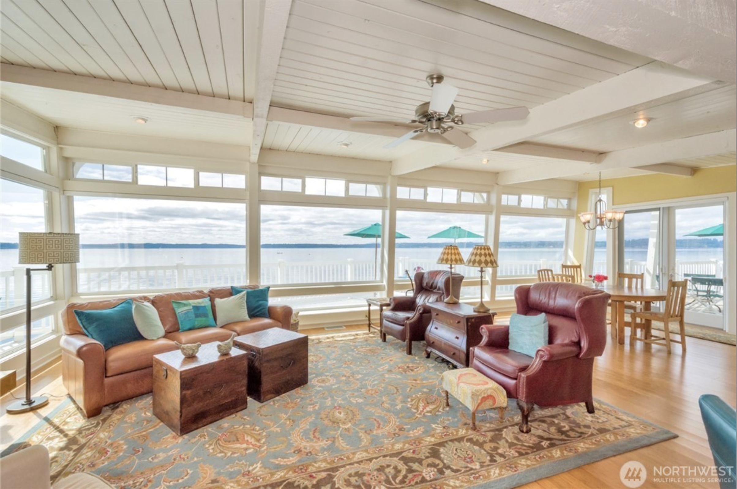Panoramic waterfront living room with water views